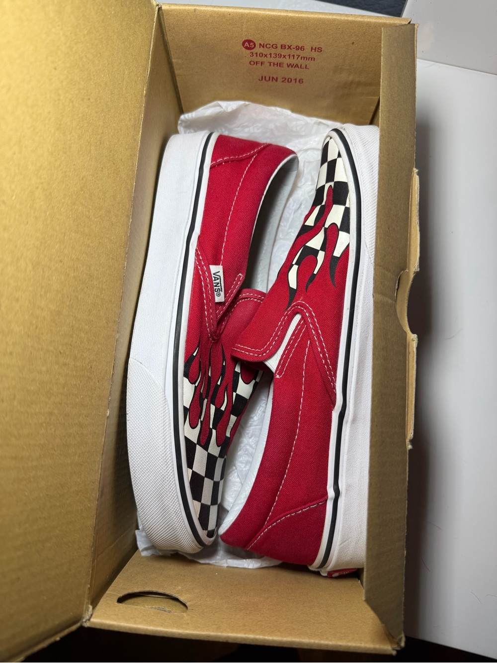 Vans Kids Red Checkerboard Slip-On Sneakers with Flame Graphic - Picture 4 of 5